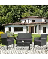 Sugift 4 Pieces Patio Rattan Cushioned Sofa Set with Tempered Glass Coffee Table-Grey & Off White