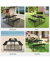 Sugift Folding Picnic Black Table Bench Set with Wood-like Texture