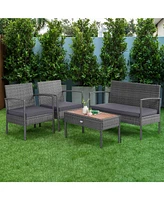 Sugift 4 Pieces Rattan Patio Conversation Furniture Set with Acacia Wood Tabletop