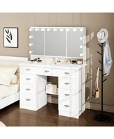 Famapy White Makeup Vanity Table Dressing Desk W/3-Mirrors,Lighted Mirror, Drawers, Hidden Storage Shelves Carved Metal Handles