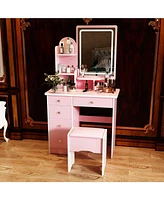 Homsee 5-Drawers Pink Makeup Vanity Sets Dressing Table with Stool, Mirror, Led Light and 3-Tier Storage Shelves