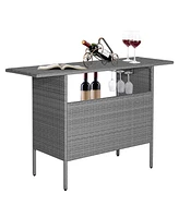Sugift Outdoor Patio Wicker Bar Table with Metal Shelves