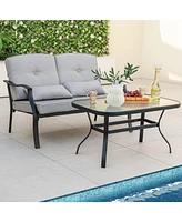 Sugift Outdoor Loveseat Chair Set with Tempered Glass Coffee Table