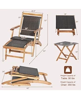 Inolait 2 Pieces Patio Rattan Folding Lounge Chair with Acacia Wood Table