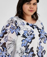 Kasper Plus Floral Ruffle-Sleeve Blouse