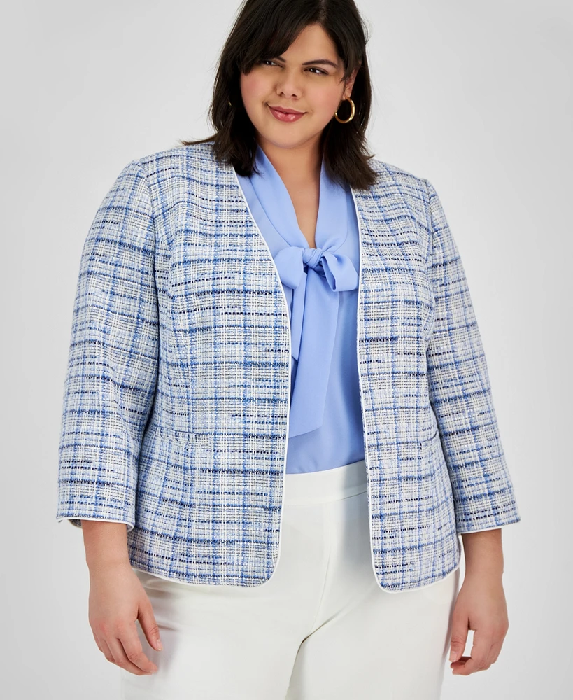 Kasper Plus Tweed Piping-Trim Open-Front Blazer