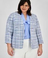 Kasper Plus Tweed Piping-Trim Open-Front Blazer