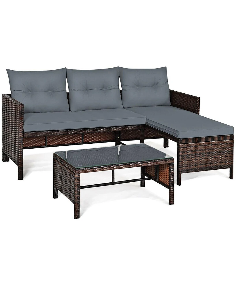 Sugift 3 Pieces Outdoor Patio Corner Rattan Sofa Set-Grey