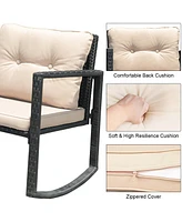 Sugift 3 Pieces Cushioned Patio Rattan Set with Rocking Chair and Table