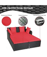 Sugift Spacious Outdoor Rattan Daybed with Upholstered Cushions and Pillows