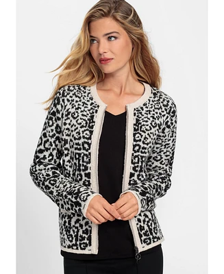 Olsen Women's Leopard Jacquard Zip Front Cardigan