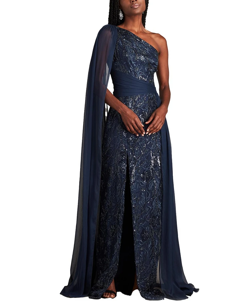 Tadashi Shoji Women's Ada Beaded One Shoulder Cape Sleeve Gown