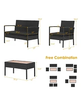 Sugift 4 Pieces Patio Rattan Cushioned Furniture Set with Wooden Tabletop