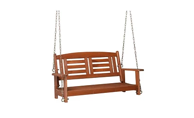 Slickblue 500 lbs Capacity Double Wooden Swing with Chain, Reddish Brown – Sturdy Outdoor Swing for Backyard Relaxation