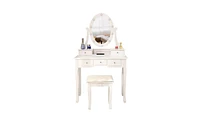 Slickblue White Dressing Table with Light Bulb Single Mirror and 5 Drawers for Makeup and Storage