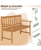 Sugift 2-Person Patio Acacia Wood Bench with Backrest and Armrests