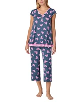 Ellen Tracy Women's Cropped Flutter-Sleeve Floral Pajama Set