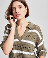 And Now This Women's Striped Open-Stitch Polo Sweater, Exclusively at Macy's