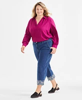 Style & Co Plus Size Embroidered-Hem Wide-Leg Cropped Jeans, Exclusively at Macy's