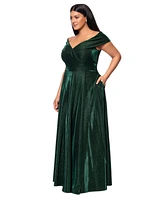 Xscape Plus Off-the-Shoulder Glitter Gown