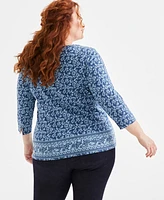Style & Co Plus Printed Cotton 3/4-Sleeve Top, Exclusively at Macy's