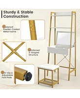 Sugift Ladder Vanity Desk Set with Flip Top Mirror and Cushioned Stool