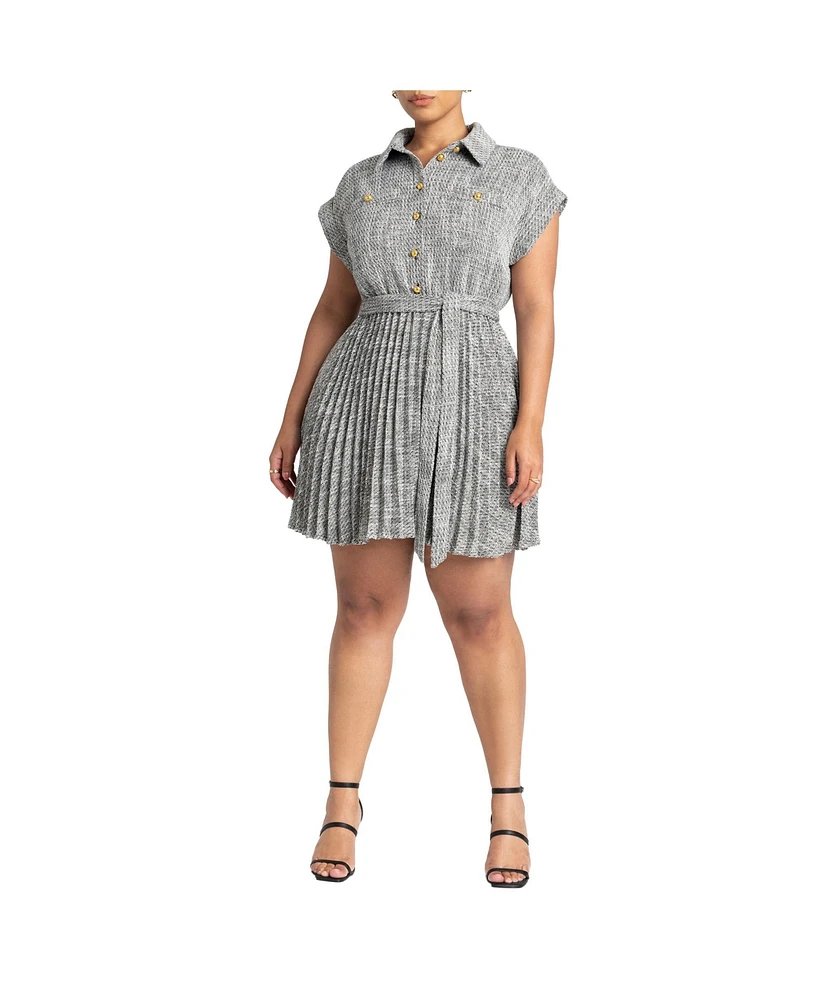 Eloquii Women's Tweed Pleated Mini Shirt Dress