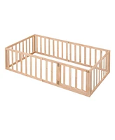 Twin Wood Floor Bed Frame with Fence and Door for Kids