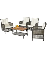 5 Pieces Patio Rattan Furniture Set Cushioned Sofa Armrest with Wooden Tabletop