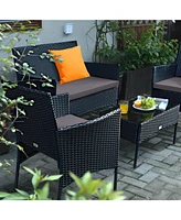 Sugift 4 Pieces Patio Rattan Cushioned Sofa Set with Tempered Glass Coffee Table-Grey
