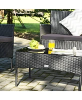 Sugift 4 Pieces Patio Rattan Cushioned Sofa Set with Tempered Glass Coffee Table-Grey