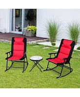 Sugift 3 Pieces Outdoor Folding Rocking Chair Table Set with Cushion