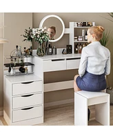 Famapy Large Makeup Vanity Set Dressing Table With Round Lighted Mirror, Standing Mirror, 6 Drawers, and Cushioned Stool Set