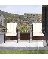 Sugift 3 Pieces Patio Rattan Conversation Set with Glass Top Coffee Table and Cushions