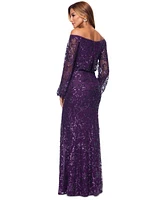 Xscape Petite Sequin Off-The-Shoulder Side-Slit Gown