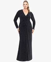 Xscape Plus Shimmer Center-Ruched V-Neck Gown