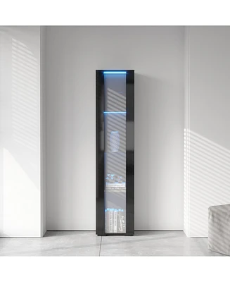 Slickblue Black Side Cabinet with Glass Door and Aluminum Strip Lamp