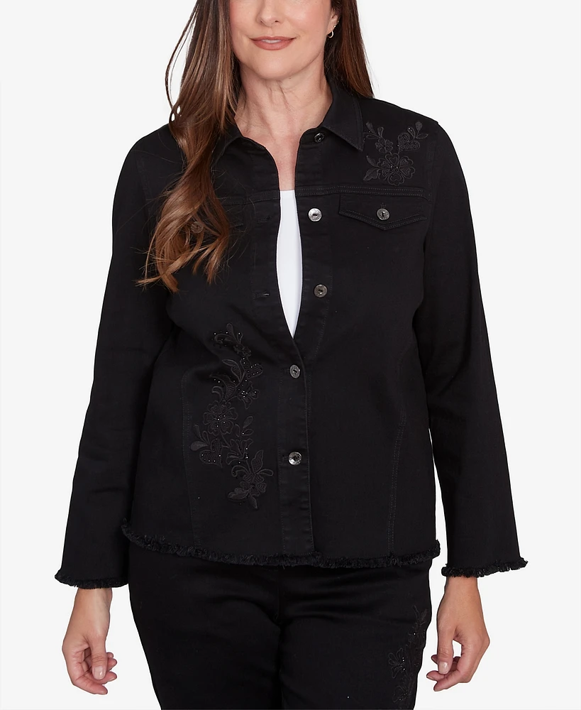 Alfred Dunner Petite Floral Embroidered Denim Jacket