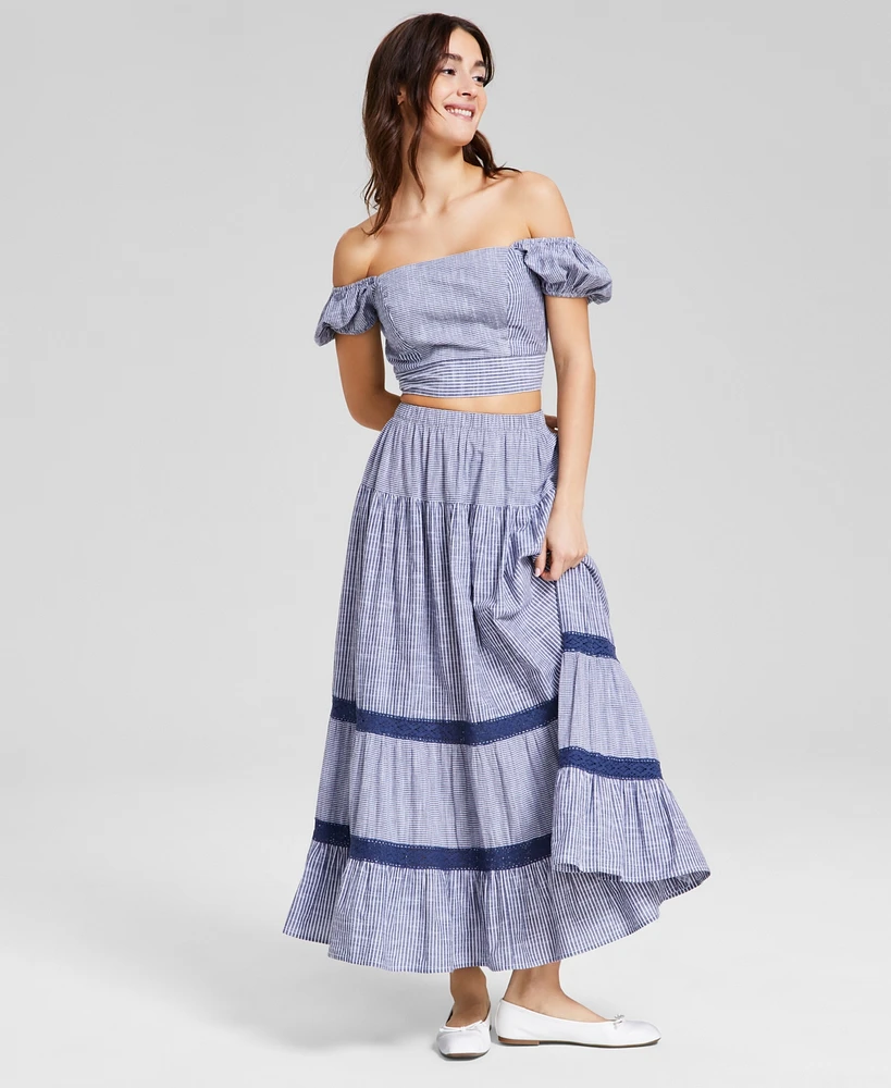 And Now This Women's Striped Pull-On Crochet-Lace Cotton Maxi Skirt, Created for Macy's