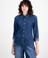 And Now This Women's Denim Pleat FrontLong-Sleeve Shirt