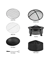 Costway 32'' Round Fire Pit Set W/ Rain Cover Bbq Grill Log Grate Poker