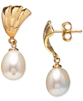 Cultured Freshwater Pearl (7.5-9.5mm) Ridged Fan Drop Earrings in 18k Gold over Sterling Silver, Created for Macy's