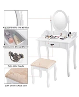 Sugift Wooden Vanity Table Set with Oval Mirror and Cushioned Stool