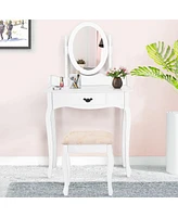 Sugift Wooden Vanity Table Set with Oval Mirror and Cushioned Stool