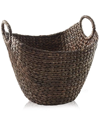 Casafield Large Laundry Boat Basket with Handles - Espresso, Woven Water Hyacinth Storage Tote for Blankets, Bathroom, Bedroom, Living Room