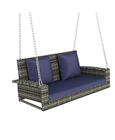 Slickblue 2-Person Wicker Hanging Porch Swing with Chains, Cushion, and Pillows