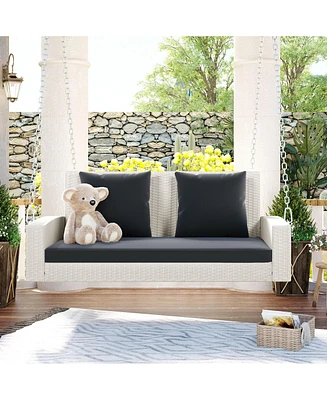 Slickblue 2-Person Wicker Hanging Porch Swing with Chains, Cushion, and Pillows