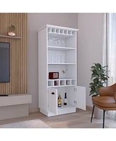 Elon 70"H Bar Cabinet with Wine Rack, Upper Glass Cabinet, three Open Storage Shelves and One Cabinet,Black