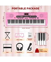 Givimo 61-Key Pink Electric Keyboard Piano for Beginners with Stand, Bench, Microphone, Headphones, Dual Speakers & Teaching Modes