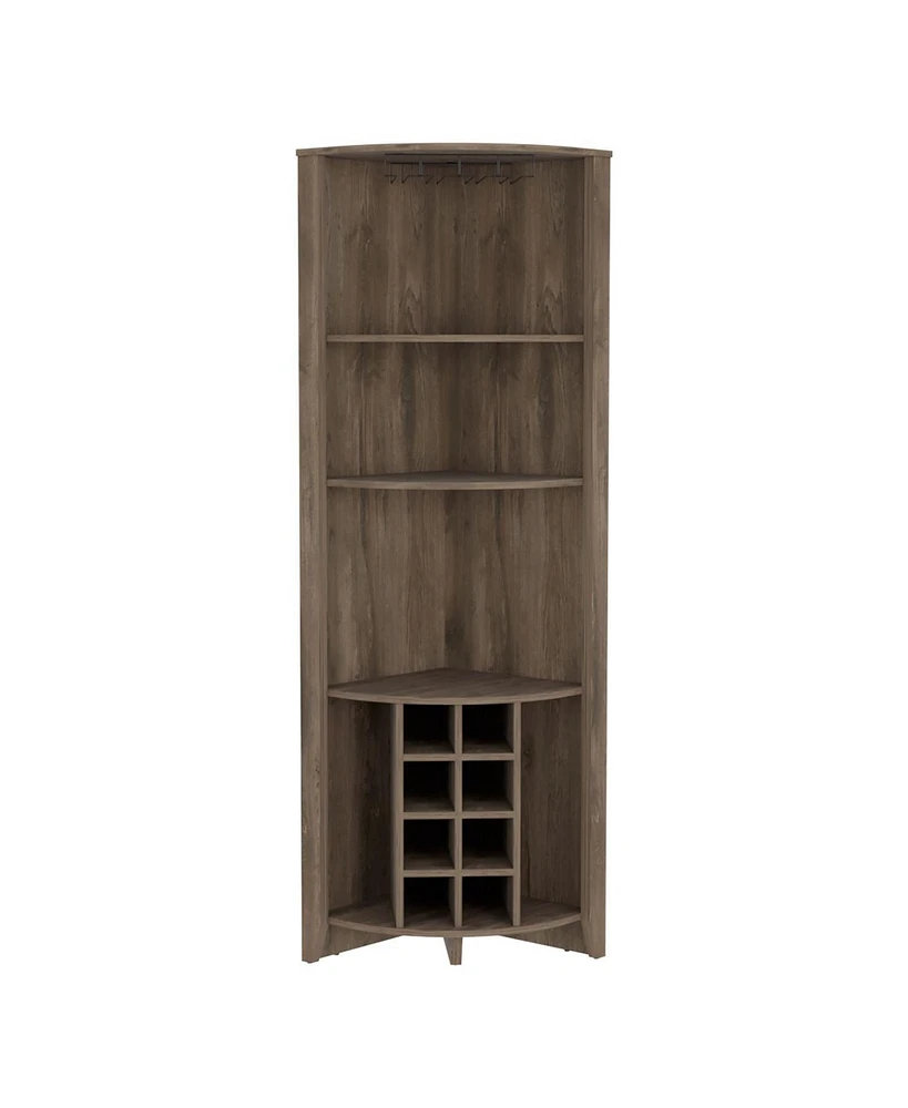 Giza Corner Bar Cabinet, Three Shelves, Eight Built-in Wine Rack, Two Side Shelves, Dark Brown